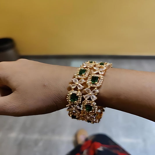 American Diamond Brass Bangles With Green Stones : Classic Elegance (A Set ot 2 Bangles)