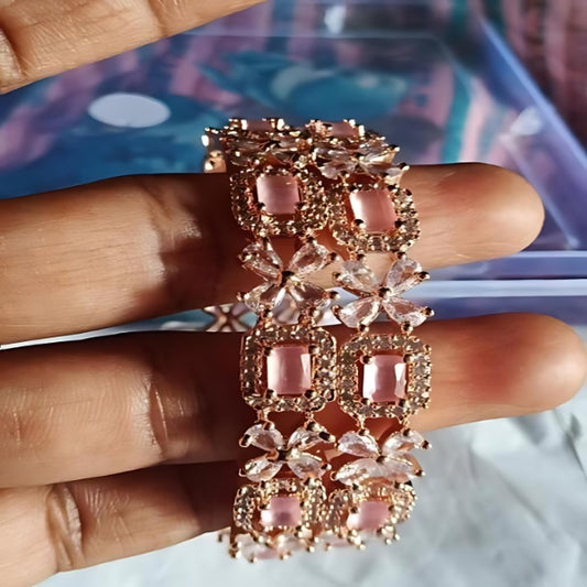 American Diamond Brass Bangles With Pink Stones : Classic Elegance (A Set ot 2 Bangles)
