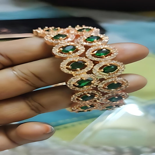 American Diamond Brass Bangles With Green Round Stones : Classic Elegance (A Set ot 2 Bangles)