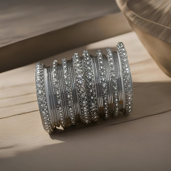 Silver Oxidized Bangles with American Diamond Brilliance – Elegance Redefined as Timeless Beauty meets Modern Twist.