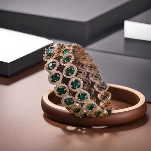 American Diamond Brass Bangles With Green Round Stones : Classic Elegance (A Set ot 2 Bangles)