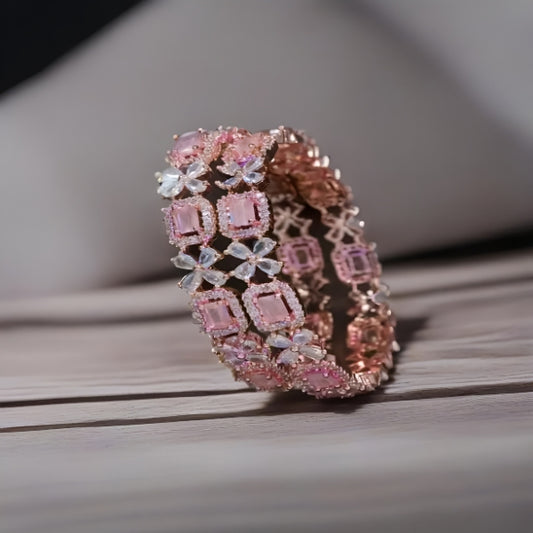 American Diamond Brass Bangles With Pink Stones : Classic Elegance (A Set ot 2 Bangles)